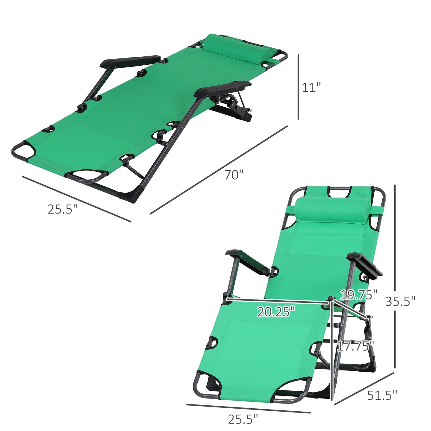 Tanning Chair, 2-in-1 Beach Lounge Chair & Camping Chair w/ Pillow & Pocket, Adjustable Chaise for Sunbathing Outside, Patio, Poolside, Green