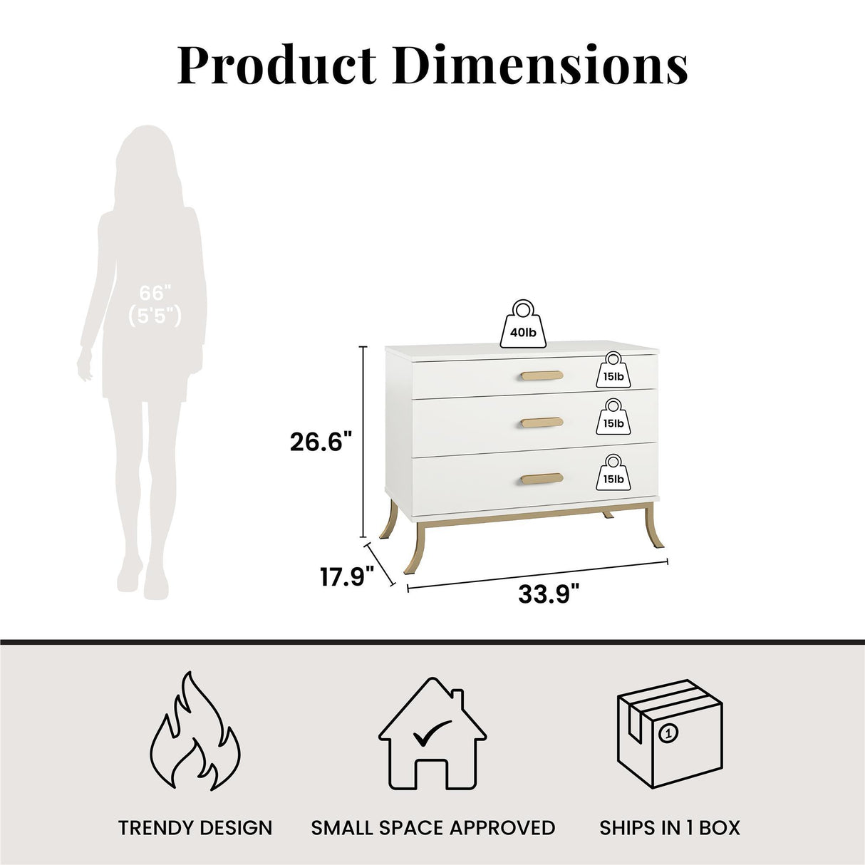 3 Drawer Dresser With Oval Handles - White / Gold