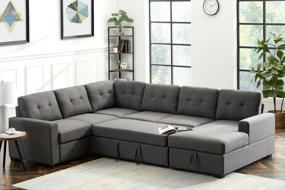 Selene 115.5" Dark Gray Linen Fabric Sleeper Sectional Sofa with Storage Chaise