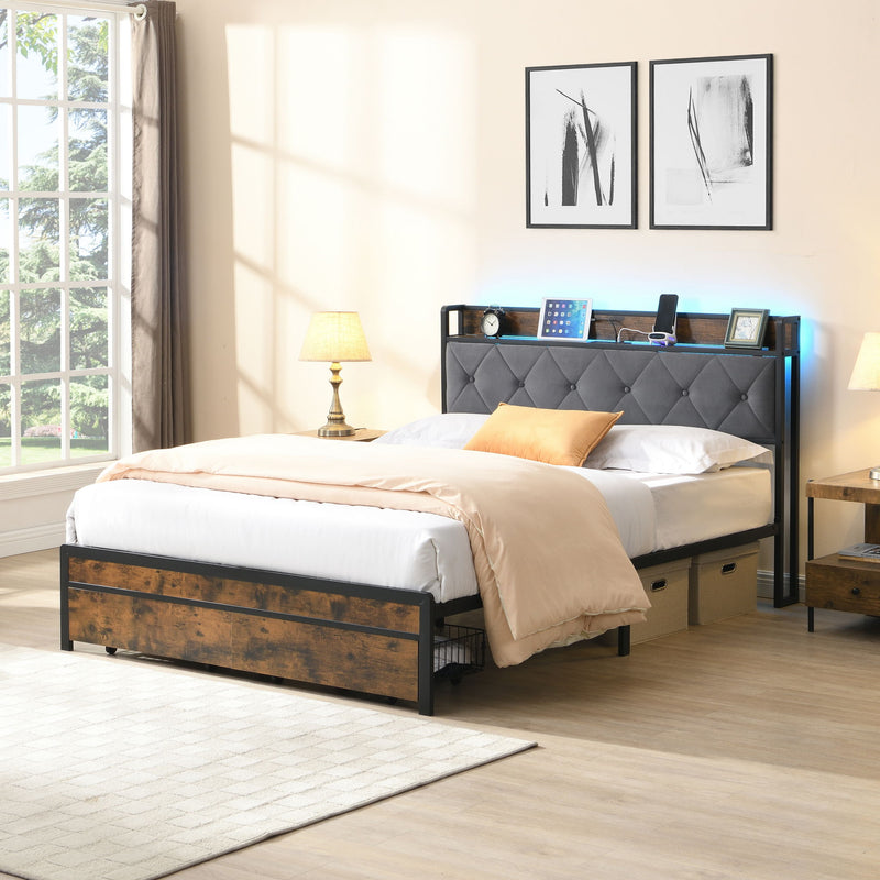 Modern Bed Frame With LED Lights, Upholstered Headboard, USB Charging