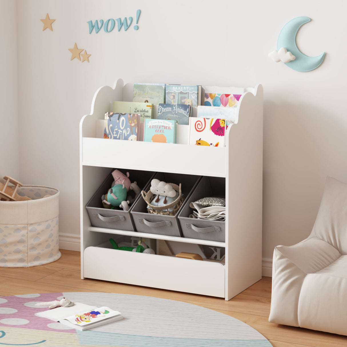 Bookshelf With Storage Bins And Drawer, Multi Functional Book Organizer For Toddlers - White