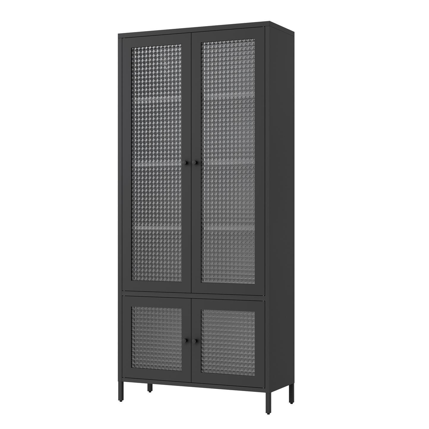 Large Metal Storage Cabinet Display Cabinet with 4 Glass Doors 5 Shelves Side Cabinet Bookcase Freestanding Cabinet for Bedroom Living Room Pantry Home Office - Black, Waffle-Grids  Tempered Glass