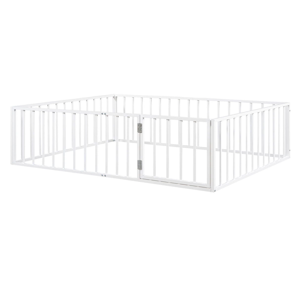 Queen Size Floor Bed Frame With Fence And Door - White