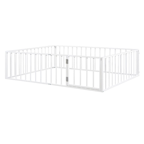 Queen Size Floor Bed Frame With Fence And Door - White