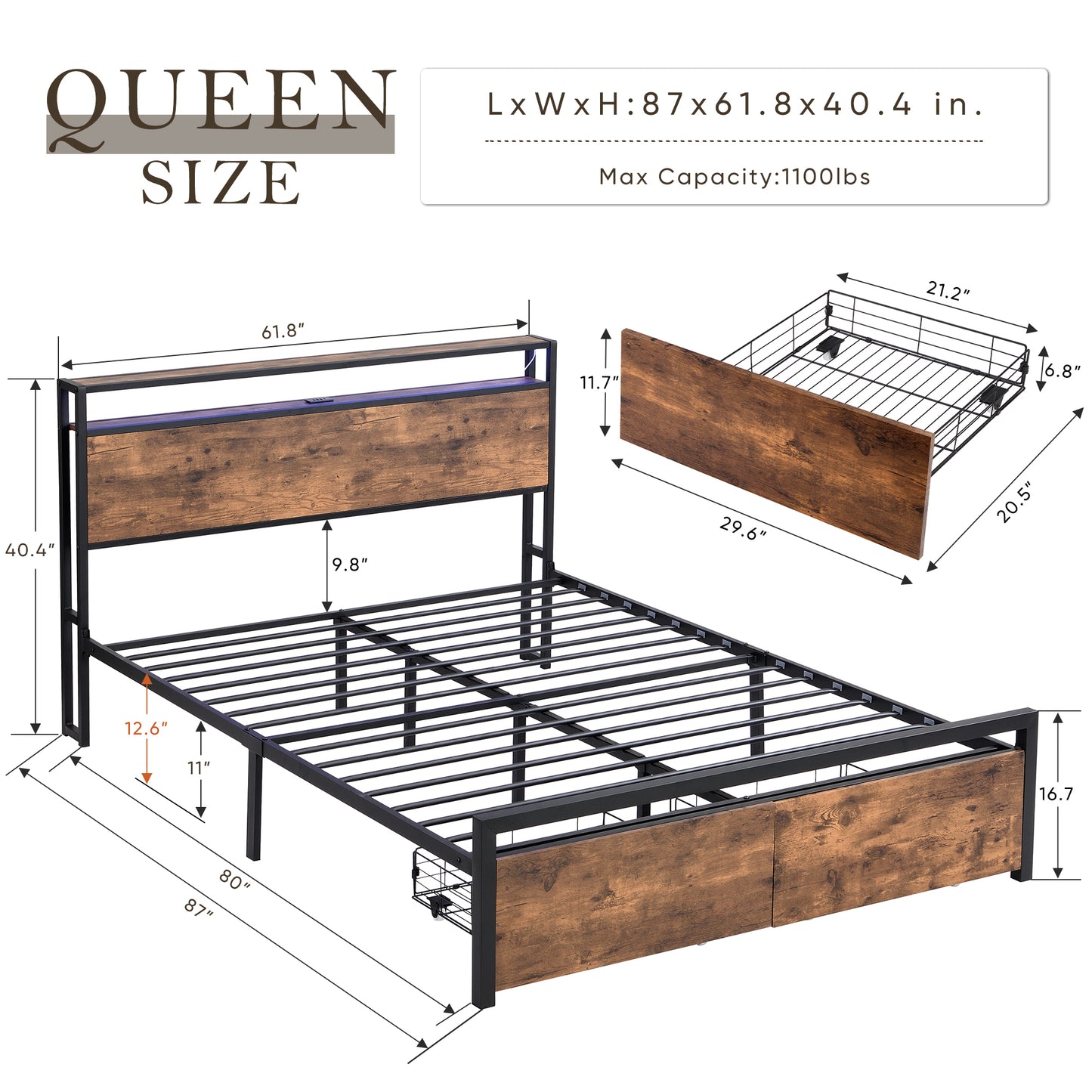 Queen Size Bed Frame with Storage Headboard and 2 Drawers, LED Lights Bed with Charging Station, Metal Platform Bed No Noise, Mattress Foundation Strong Metal Slats Support No Box Spring Needed