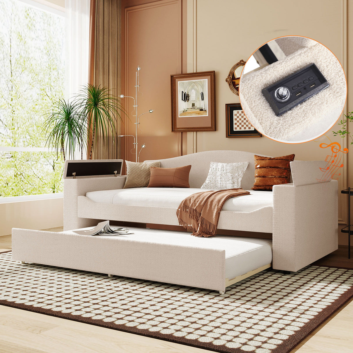 Upholstered Daybed With Storage Armrests, Trundle And Latest Integrated Bluetooth Audio System