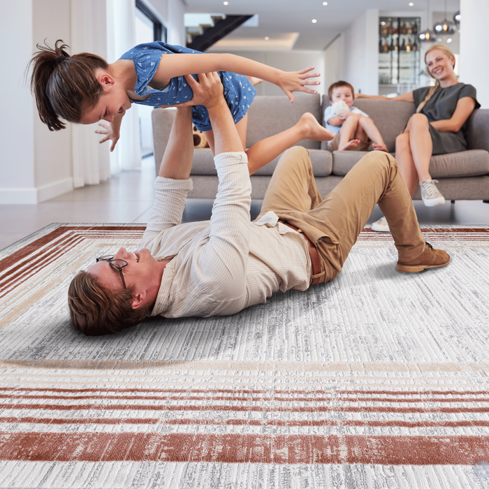 5X7 Brown/Ivory/Bordered Non-Shedding Living Room Bedroom Dining Home Office Stylish and Stain Resistant Area Rug