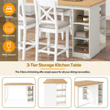 Solid Wood Farmhouse Counter Height Dining Table Set With 3 Tier Storage Shelves