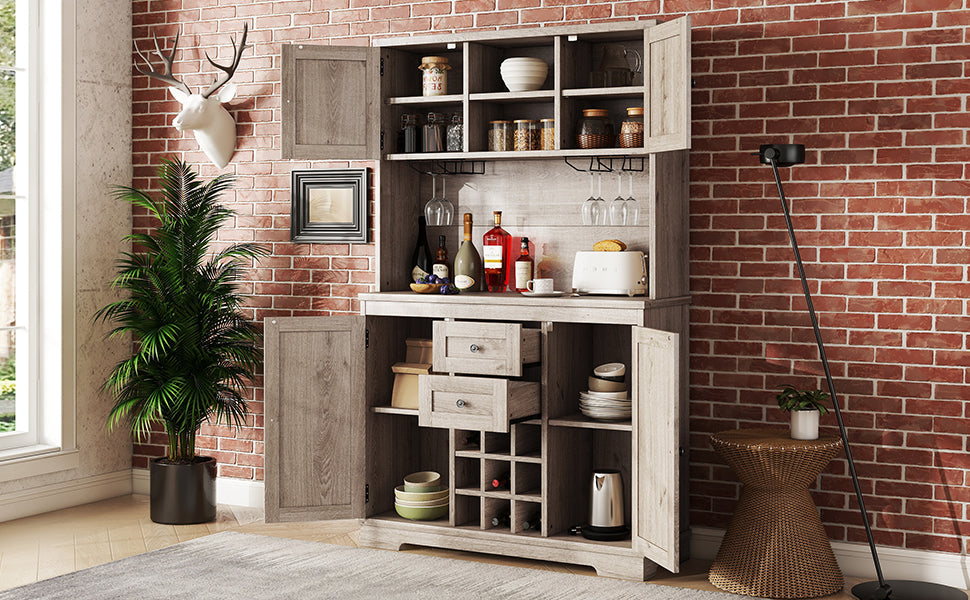 Coffee Bar Cabinet Kitchen Cabinet with Storage, Farmhouse Wine Cabinet with Drawers shelves and cabinets, Buffet Cabinet Wine & Glass Racks for Dining Room, Kitchen, Oak