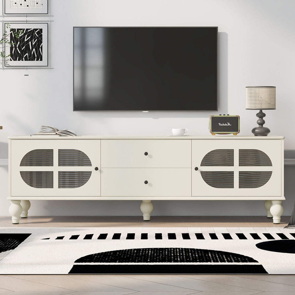 Modern TV Stand For TVs Up To 75" With Fluted Glass Doors