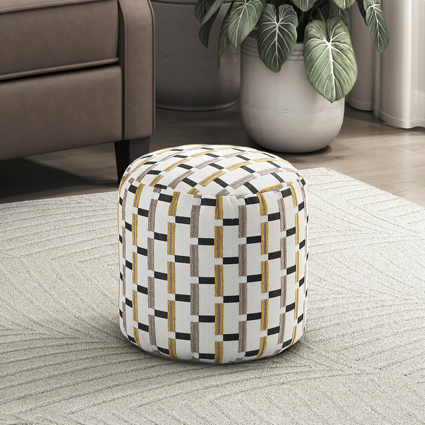 Cylindrical Pouf Multi-Color Jacquard Fabric Upholstery Modern Ottoman, Footstool, Non-Slip Floor Pouf, Bean Bag Chair, 1pc Sitting Pouf