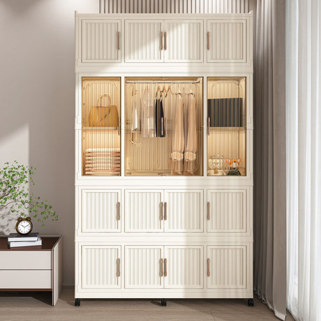 Portable Wardrobe Closet Storage Organizer With Magnetic Doors, Polypropylene - Cream White