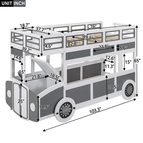 Twin Over Twin Bus Shaped Bunk Bed With Wheels And Storage - Gray / White