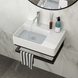 Wall Mounted Rectangular Bathroom Sink With Towel Bar And Faucet Hole - White