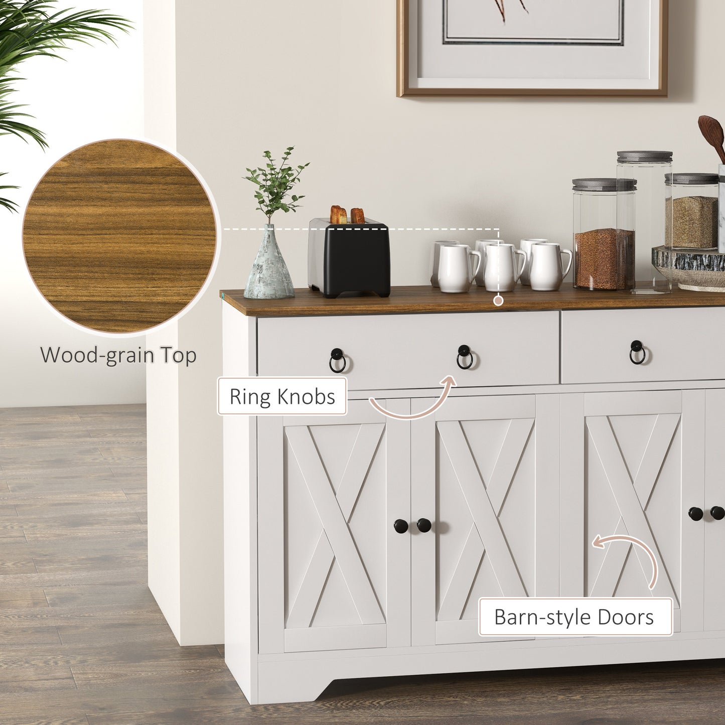 HOMCOM Sideboard, Buffet Cabinet with 2 Drawers, 2Storage Cabinets, 4 Barn-Style Doors and Adjustable Shelves, Farmhouse Buffet Table with Storage, Wood Grain Top, White