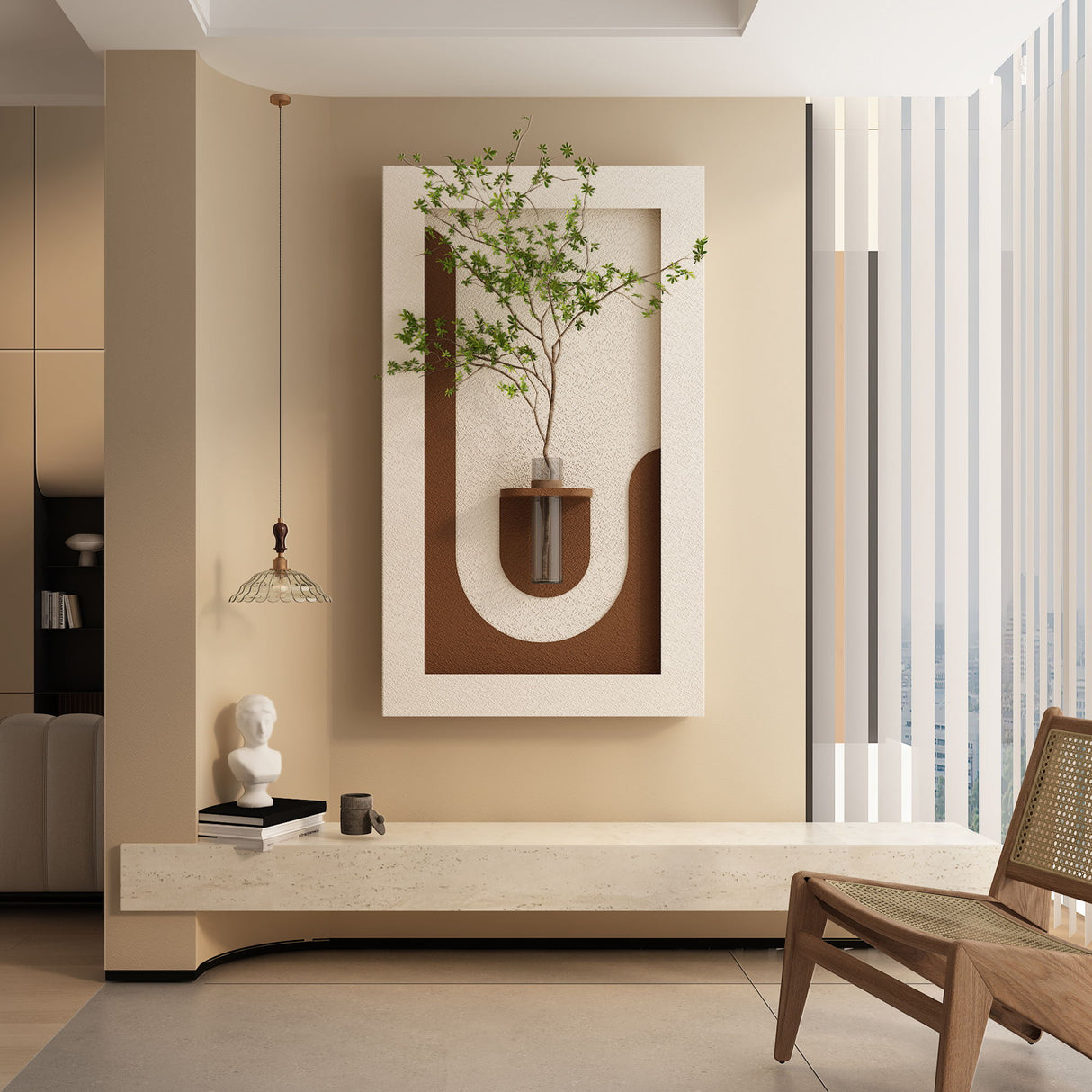 Adjustable 3 Color LED Sandstone Wall Decor With Simulated Plants, Vase & Rabbit Statue - Light Coffee