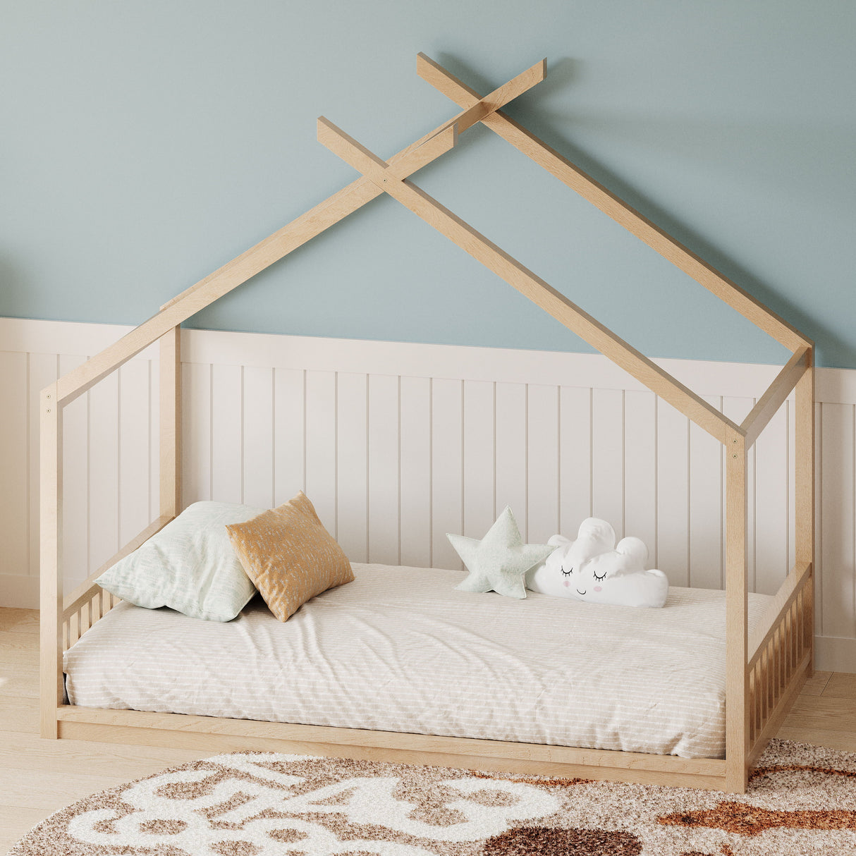 Montessori Style House Bed For Kids, Floor Bed Frame With Headboard And Footboard