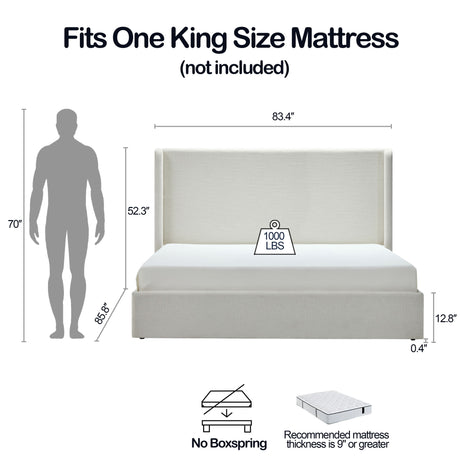 Carmen - King Upholstered Wingback Bed Frame With High Headboard - Ivory