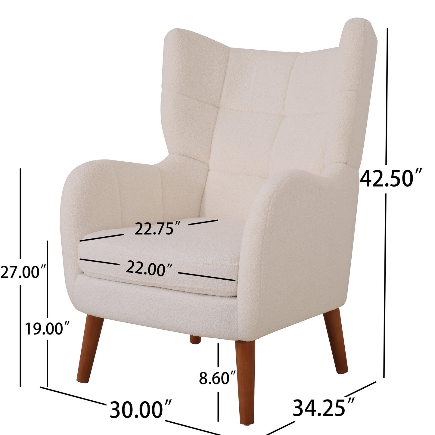 Mid-Century Ivory White High Back Accent/Club Chair with Thick Cushion, Modern Armchair with Round Arm and Birch Wood Legs, Teddy Wool Fabric, for Living Room, Office, Balcony, Bedroom and Study Room