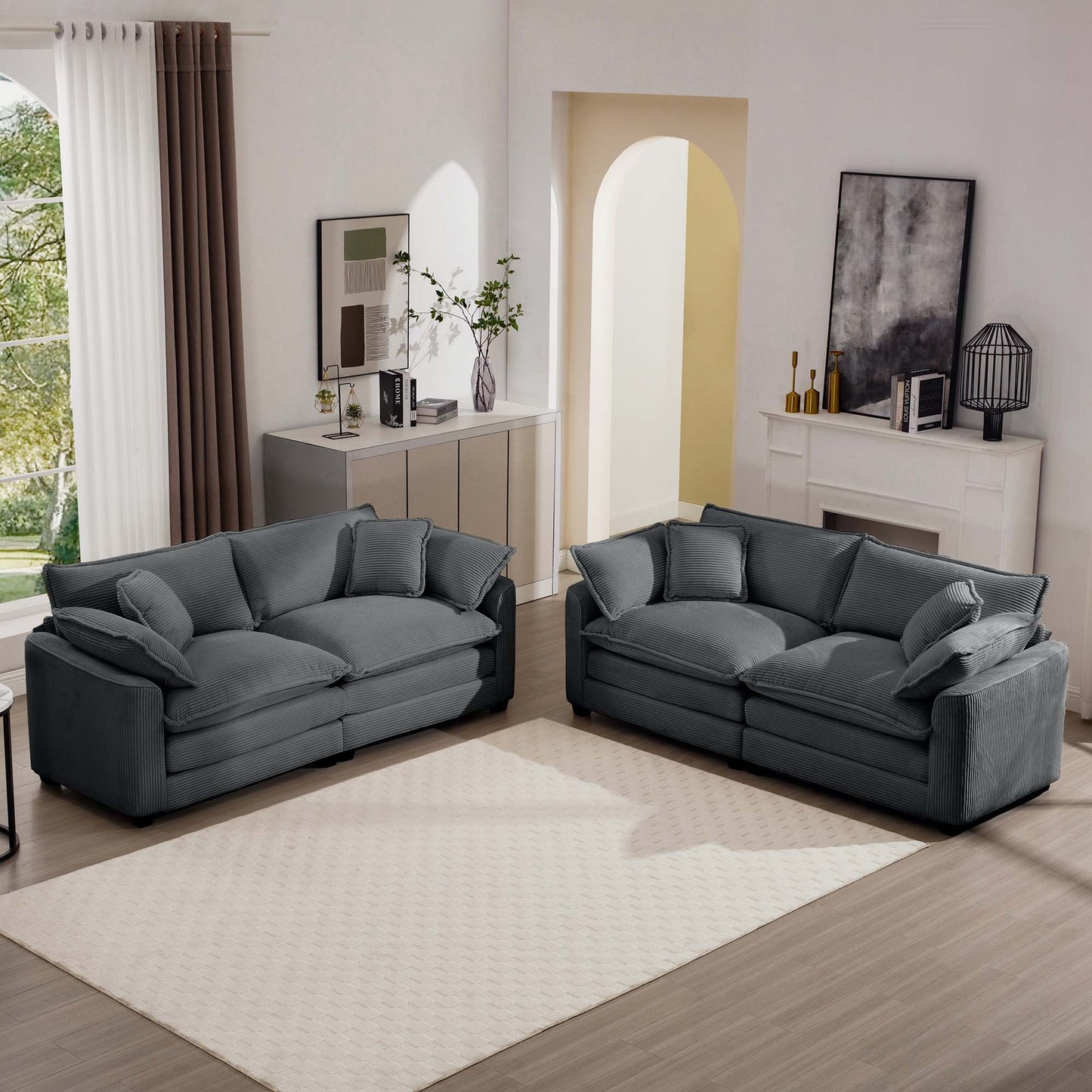 Modern Fabric Living Room Sofa Two Piece Set, Two 2-Seater Sofas with 8 Cushion Upholstery Large Deep Seat Recliner, Grey Corduroy Fabric