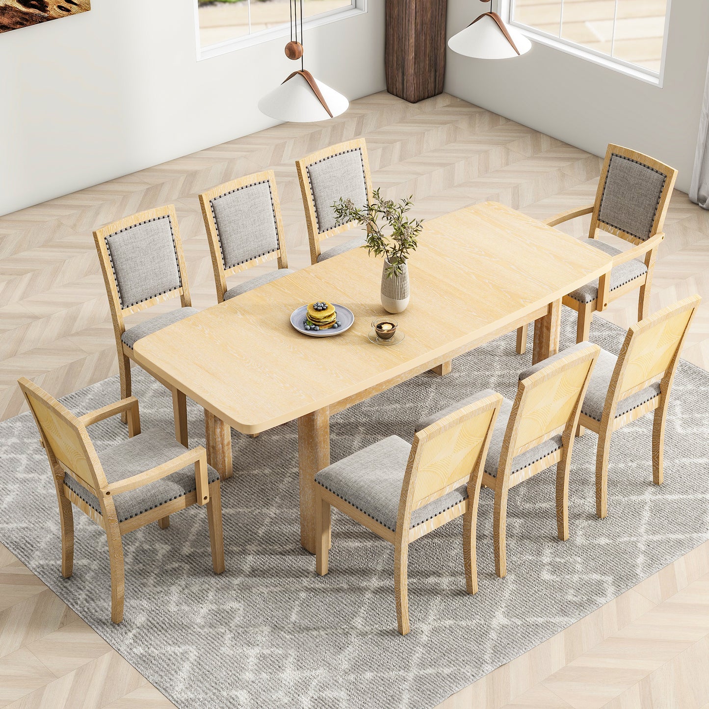 TOPMAX Rustic Extendable 84inch Dining Table Set with 24inch Removable Leaf , 6 Upholstered Armless Dining Chairs and 2 Padded Arm Chairs, 9 Pieces, Natural