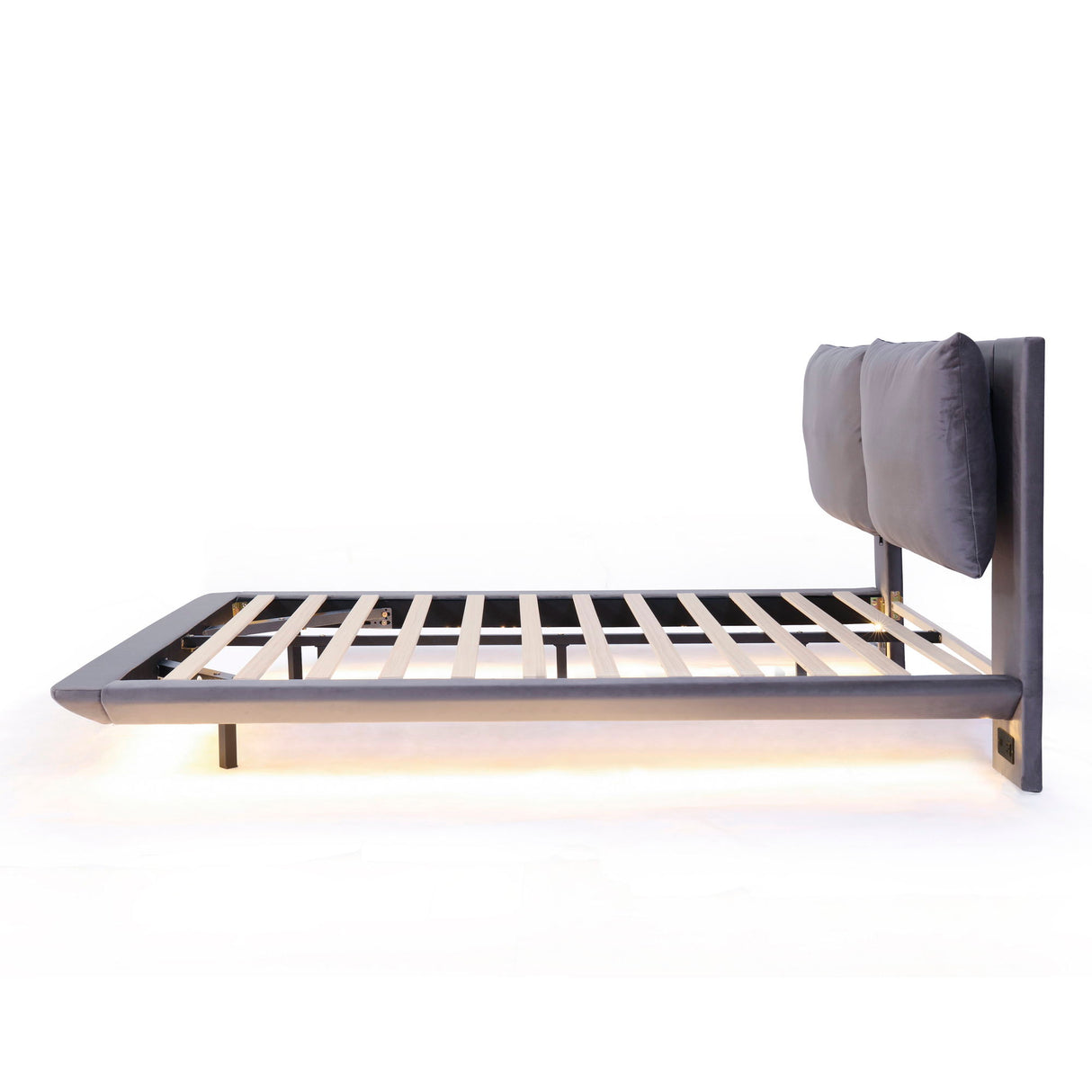 Upholstered Platform Bed With Sensor Light And 2 Large Backrests, With 2 Sets Of USB Port And Socket On Each Rear Bed Leg
