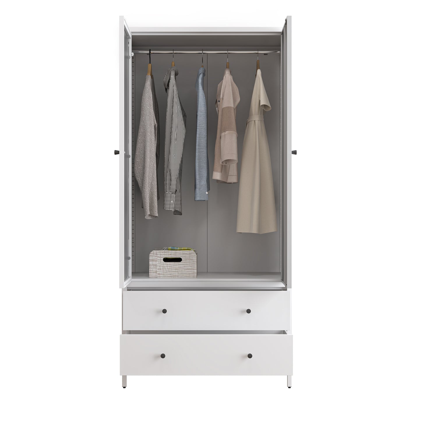 Metal Armoire Wardrobe Closet with 2 Drawers, Mirror Door and Hanging Rod, Metal Clothing Storage Cabinet, Garment Organizer with Magnetic Door - White