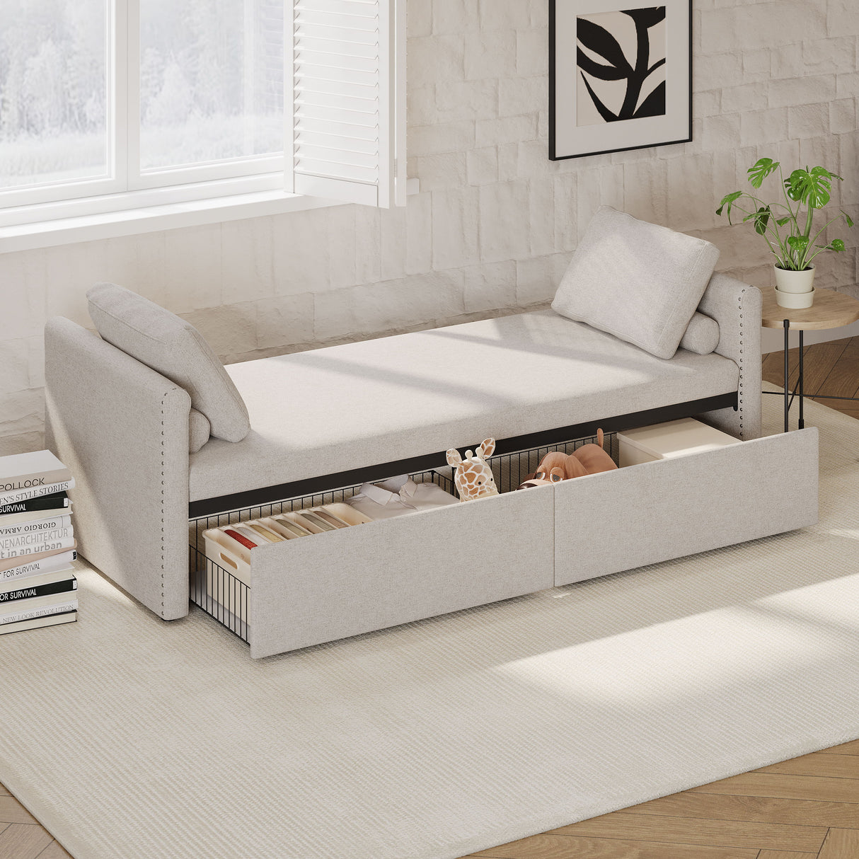 Modern Upholstered Chaise Lounger Daybed With Pillows Small Single Daybed, No Mattress Needed