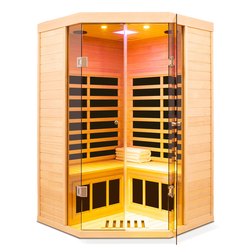 2 Persons Large Glass Front Deluxe Version Hemlock Far Infrared Corner Sauna Room - Natural