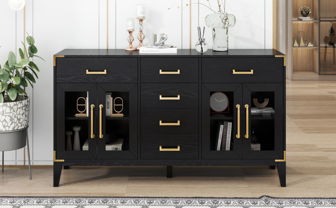 TREXM 6-drawer and 2-Cabinet Retro Sideboard with Extra Large Storage Space, with Gold Handles and Solid Wood Legs, for Kitchen and Living Room (Black)