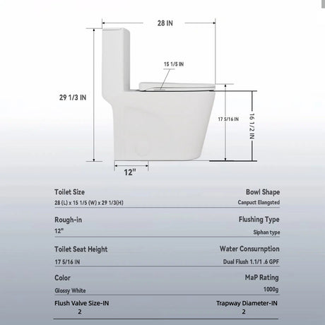 Glossy Tornado Flush 1 Piece Toilet With Dual Flush, Soft Close Seat - Gloss White
