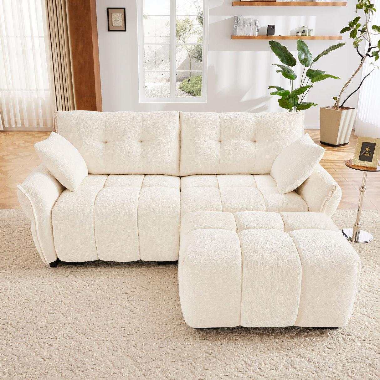 Elegant Sofa Set With Ottoman And Pillows, Textured Chenille, High Resilience Cushions