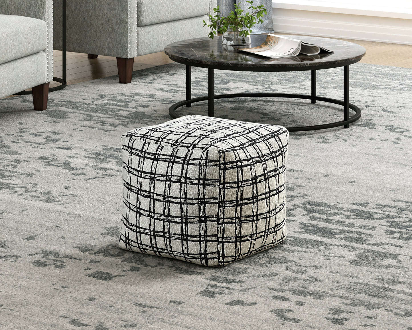 Modern Square Pouf Pattered Black White Fabric Upholstered Ottoman, Non-Slip Floor Pouf, Bean Bag Chair, 1pc Sitting Pouf