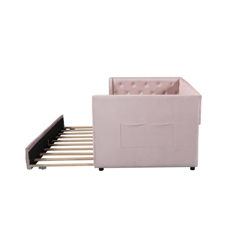 Twin Size Upholstered Tufted Daybed With Trundle - Pink