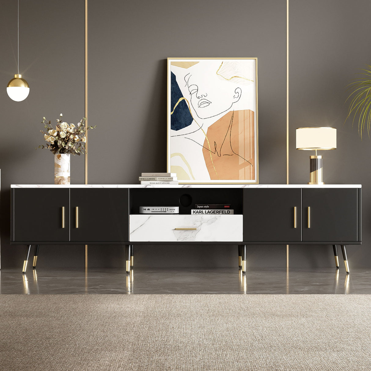 Modern TV Stand With 2 Cabinets & Open Compartments, Entertainment Center For Tvs Up To 80''