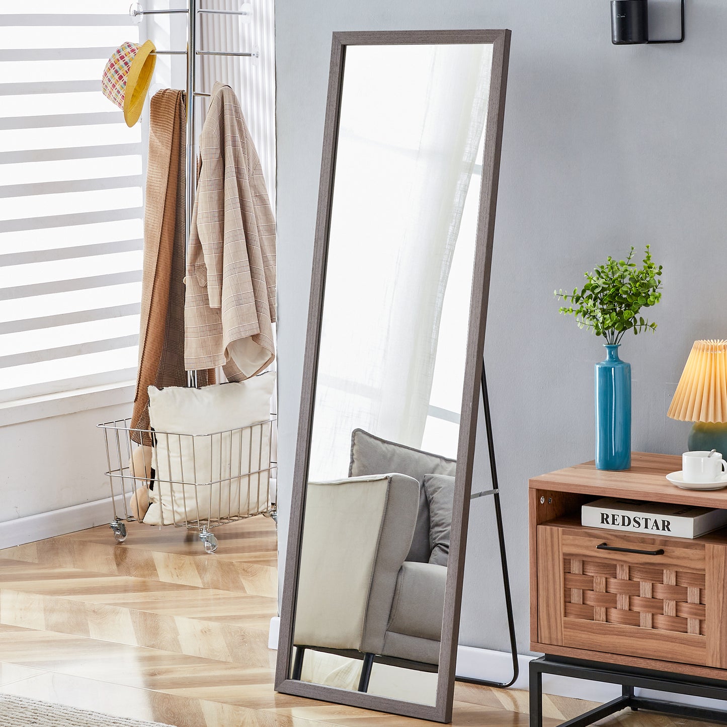 Third generation packaging upgrade, thickened frame, gray wood grain solid wood frame full-length mirror, dressing mirror, bedroom entrance, decorative mirror, floor standing mirror. 57.9 "* 18.1"