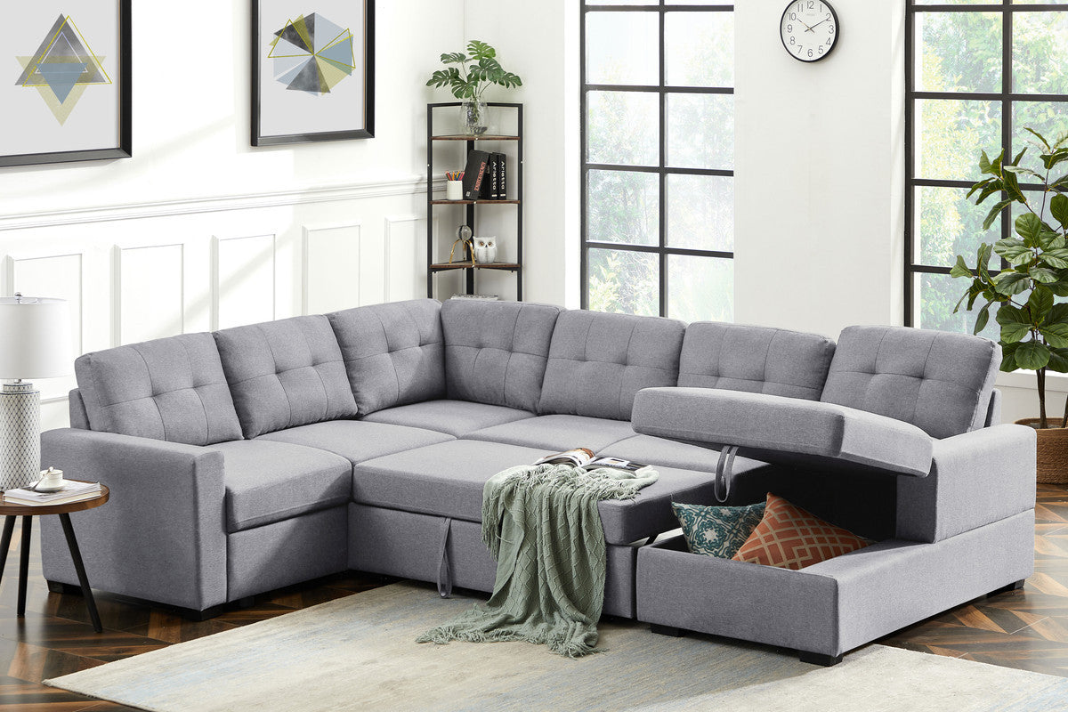 Selene 115.5" Light Gray Linen Fabric Sleeper Sectional Sofa with Storage Chaise