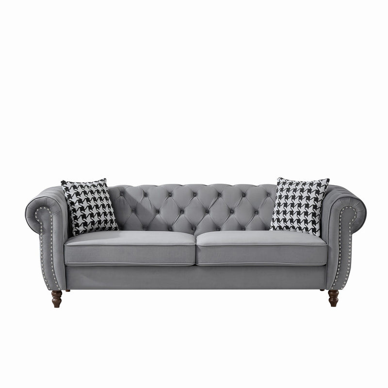 Chesterfield Upholstery Fabric Sofa With Roll Armrest & Nailhead