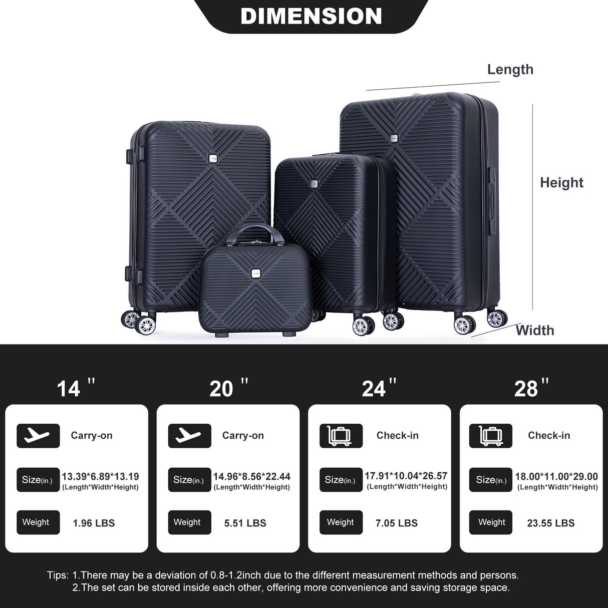 4 Piece Lightweight Suitcase, Makeup Box, Aircraft Wheels