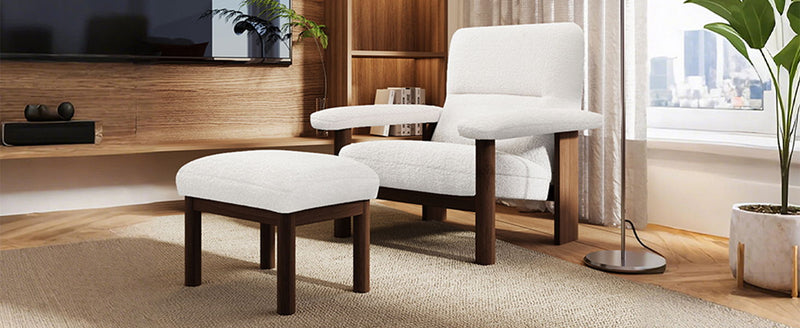 Modern Accent Chair With Ottoman, Mid Century Lounge Chair With Footrest, Comfy Fabric Armchair Upholstered Set With Solid Wood Frame For Living Room - White