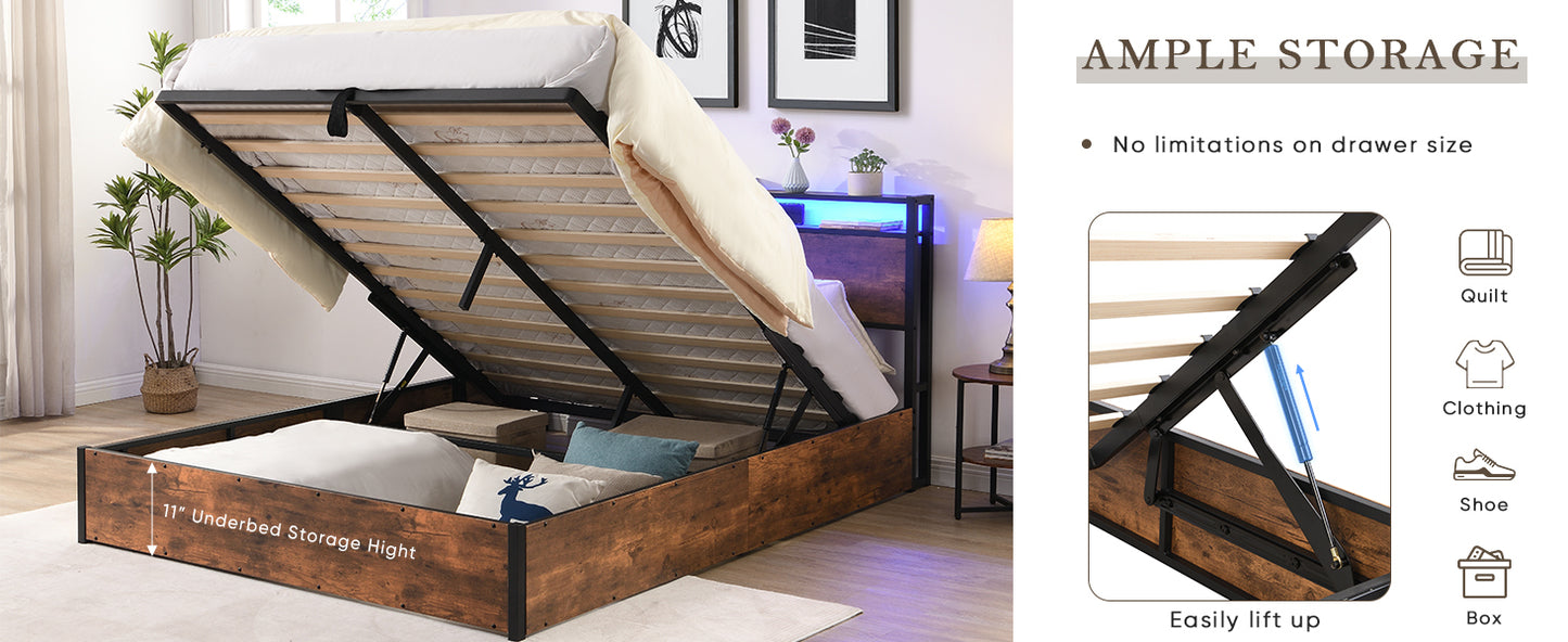 Lift-up Storage Bed Frame, Full Size Bed Frame with Bookcase Headboard & LED Lights, Wooden Platform Bed Frame with Charging Station, No Spring Box Needed, Rustic Brown