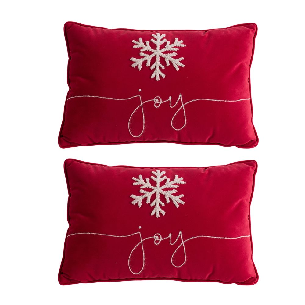 Velvet Pillow With Embroidered Joy And Frosty Snowflake, For Christmas Halloween Holiday Decor (Set of 2)