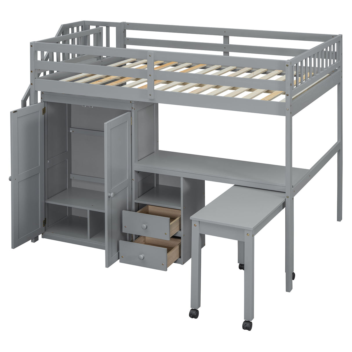 Loft Bed With Stairs, Bookshelf, Drawers, Desk & Wardrobe, Space Saving Multifunctional Furniture