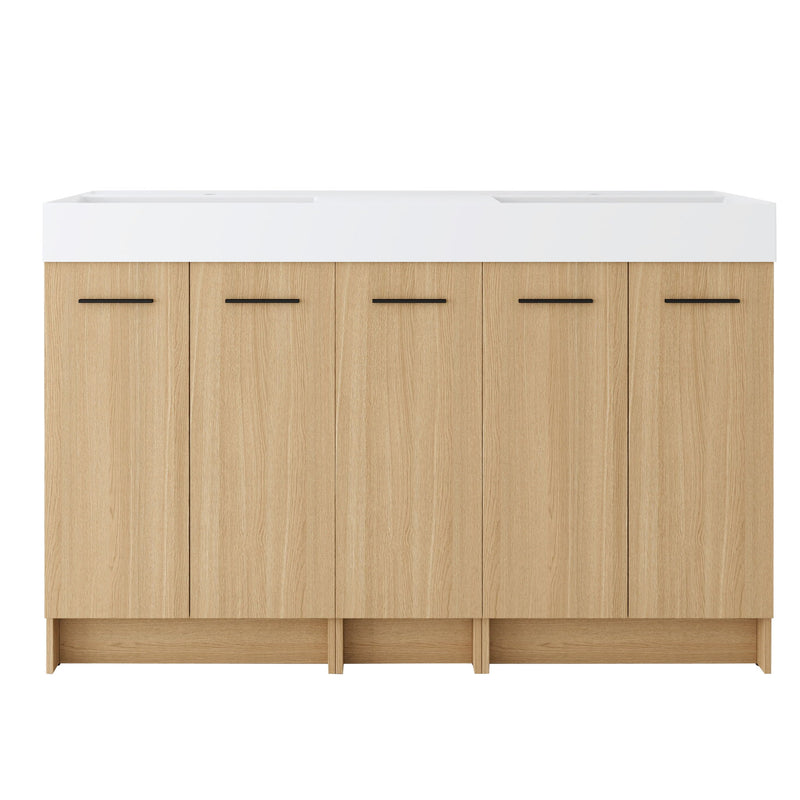 Double Sink Bathroom Vanity With Extra Large Storage, Integrated Sink, Freestanding Cabinet, Soft Close Doors - Glossy White / Light Oak