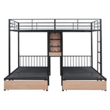Triple Bunk Bed With Drawers, Multi-Functional Frame With Desks And Shelves In The Middle