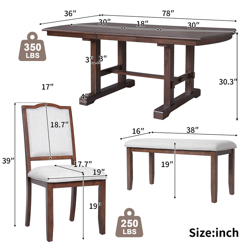 6 Piece Extendable Dining Table Set, Wood Table With Removable Leaf, 4 Upholstered Chairs And Bench - Cherry
