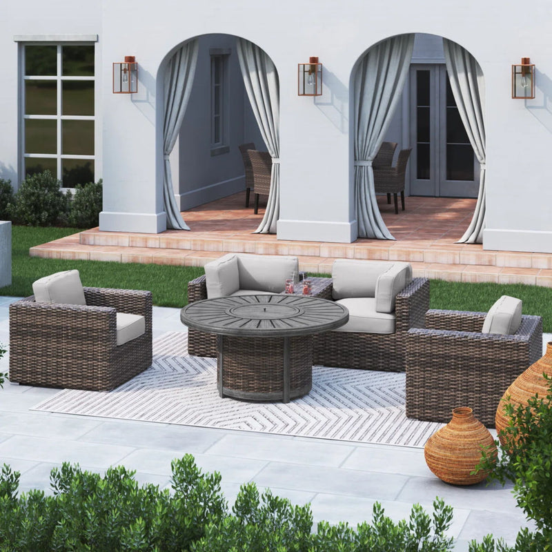 Patio Seating Group For 4 With Cushions And Fire Pit Table - Brown