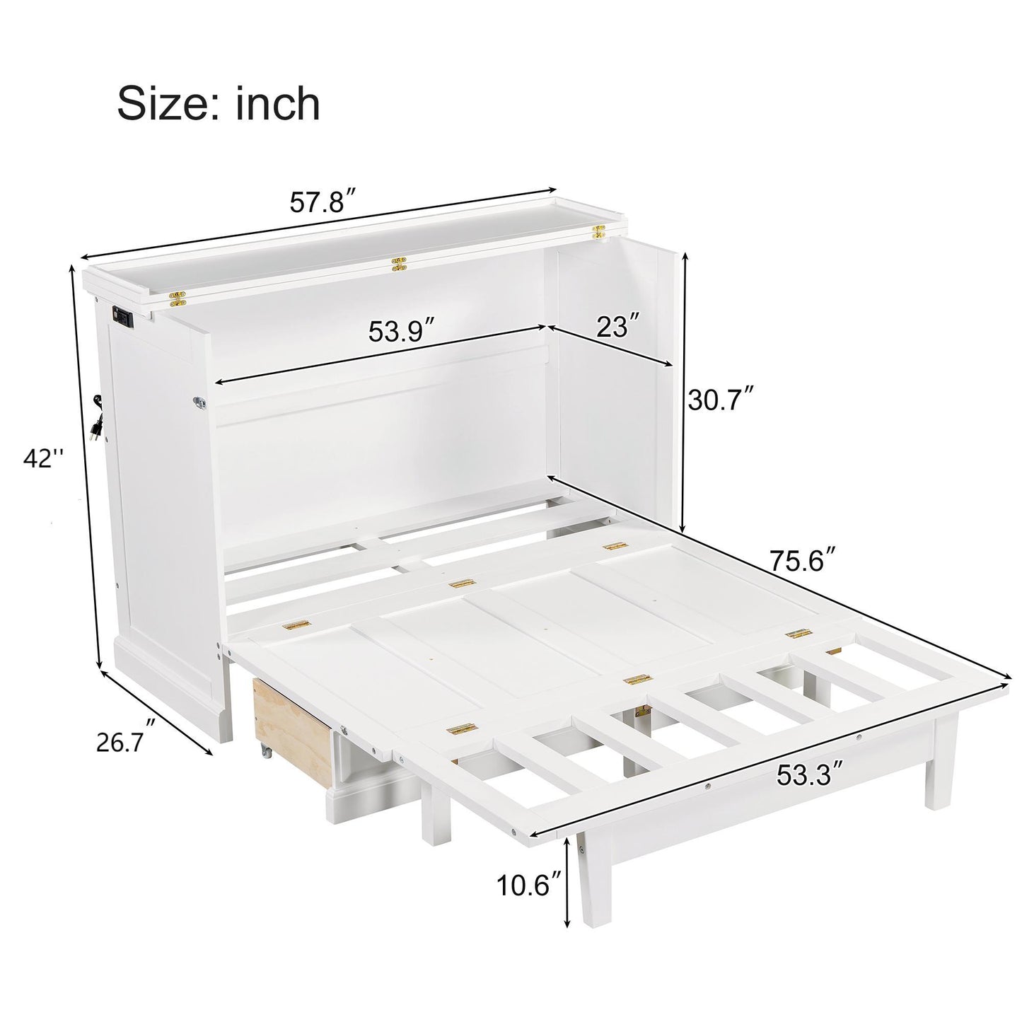 Solid Pine Murphy Bed Chest Cube Cabinet Bed with Charging Station and Large Storage Drawer for Home Office or Small Room,Full,White