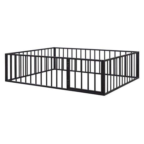 Queen Size Floor Bed Frame With Fence And Door - Black
