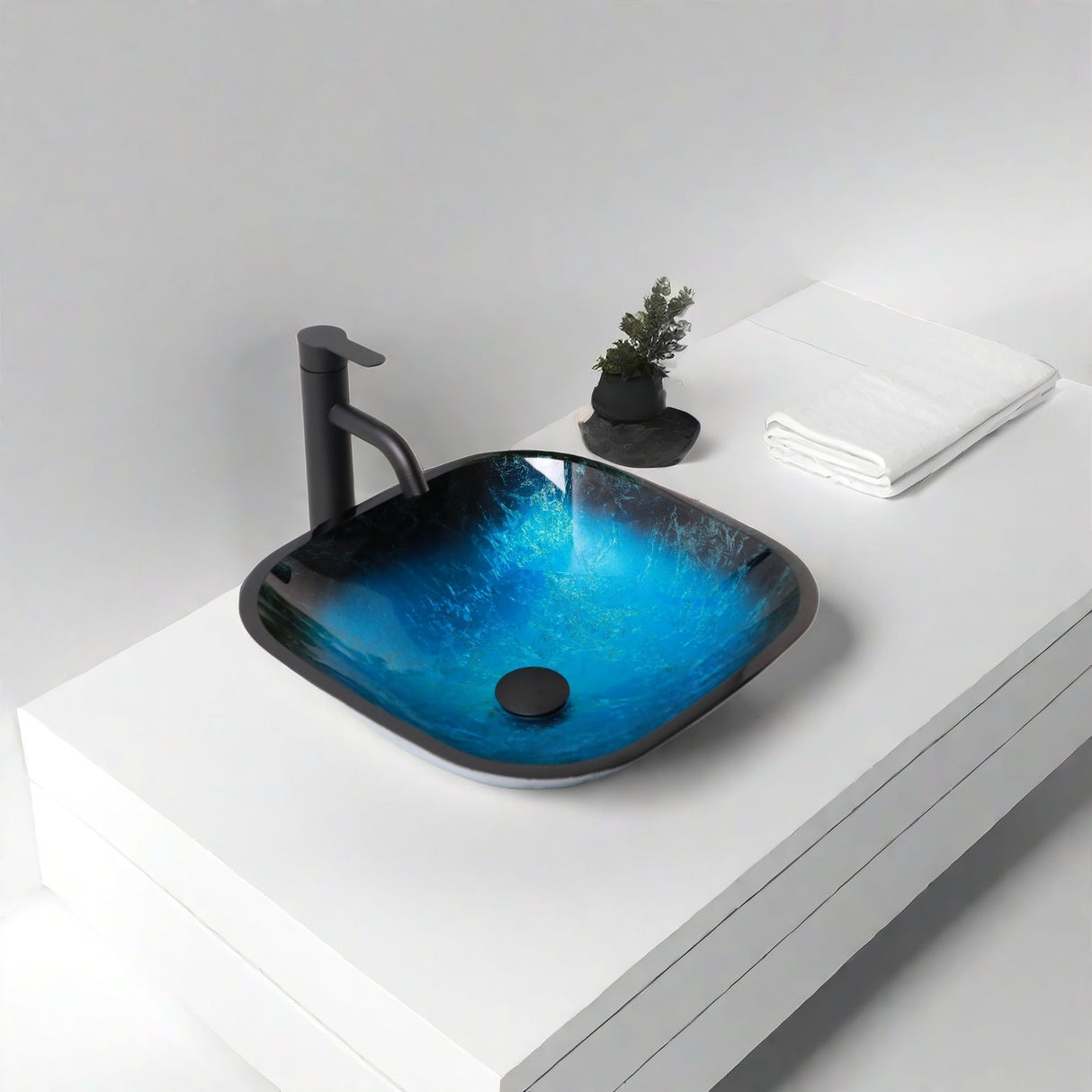 Artistic Vessel Sink With Faucet And Pop Up Drain - Blue